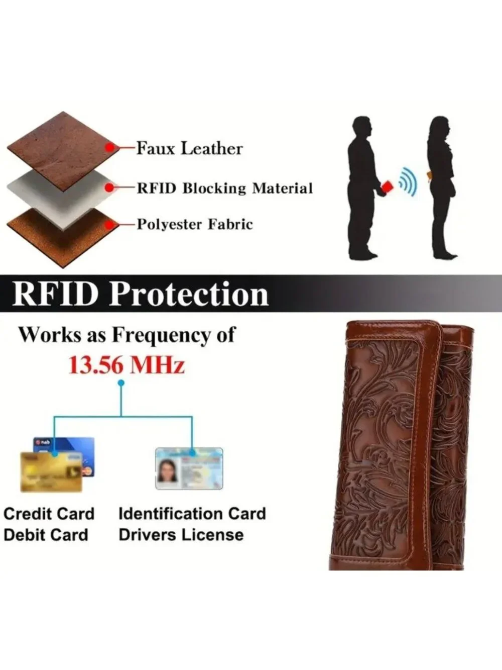 Women’s RFID Leather Trifold Wallet Embossed Long Clutch Purse Card Holder
